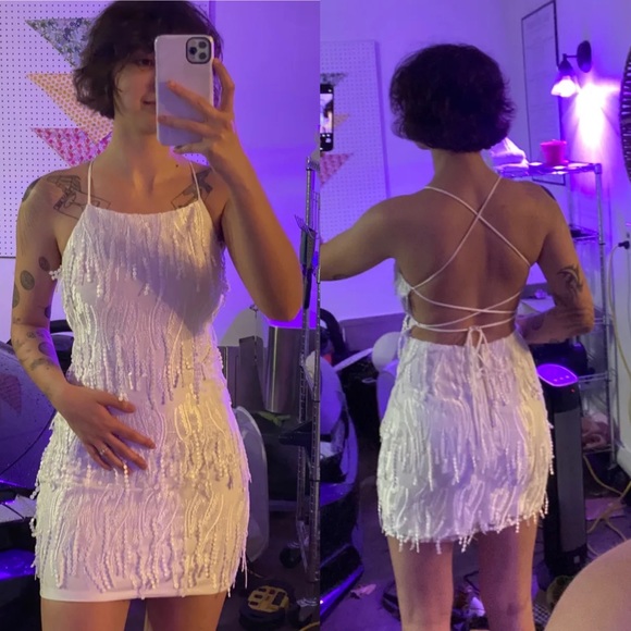 White Fringe Lace-Up Backless Mini Cocktail Dress from LuLus - Picture 7 of 8